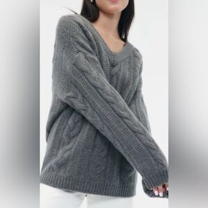 NAADAM Merino Cashmere Cable V-Neck Sweater - Marled Gray / S